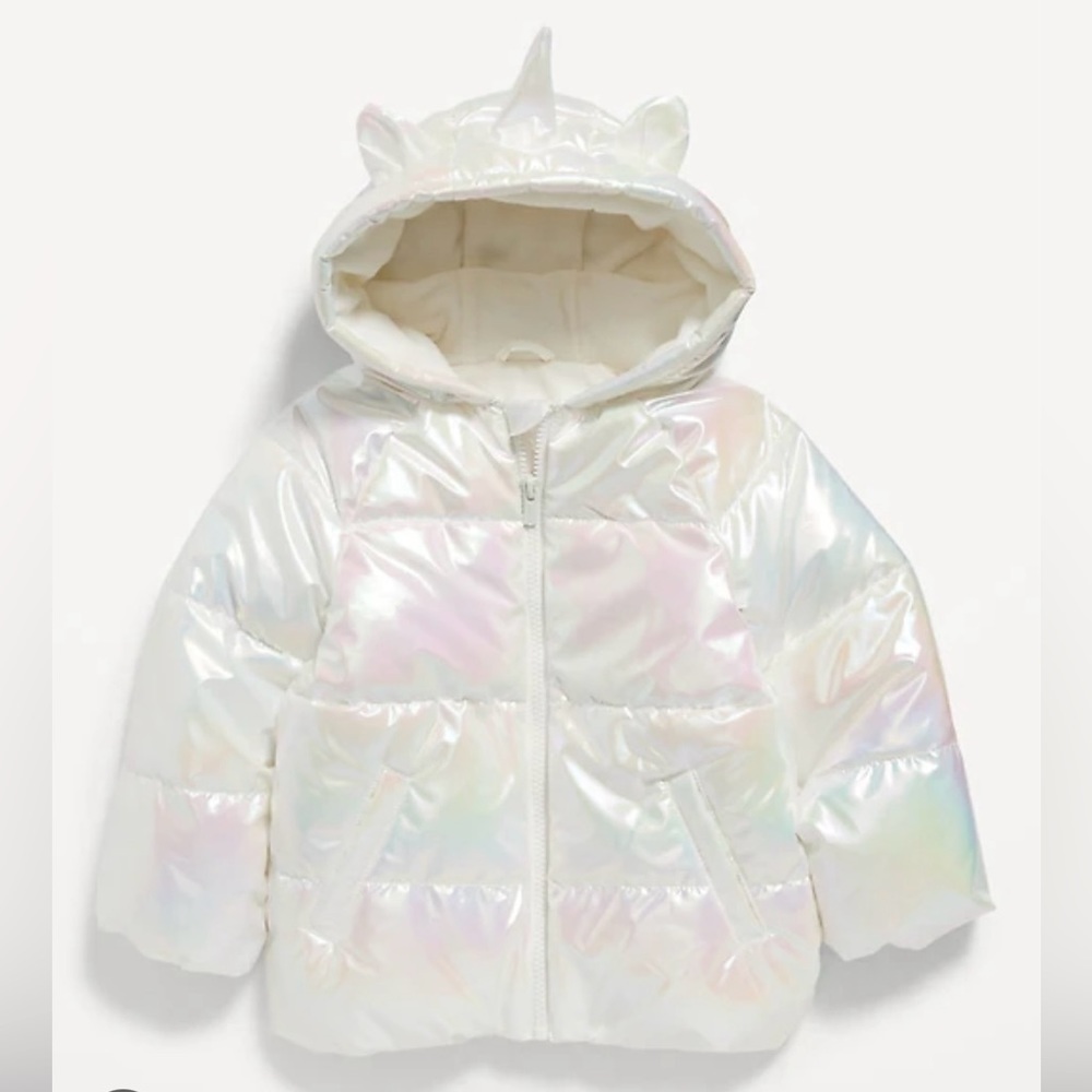 Water-Resistant Hooded Unicorn Puffer Jacket for Toddler Girl